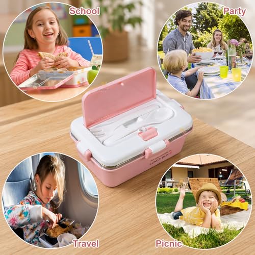 Image of WISHKEY Plastic BPA Free Stainless Steel Medium Size Lunch Box with Separate Container, a Spoon & a Fork, Soft Color Tiffin Box & Cutlery Accessories for Kids & Adults, 500 ml, Pink, 6+Years(Set of 1)
