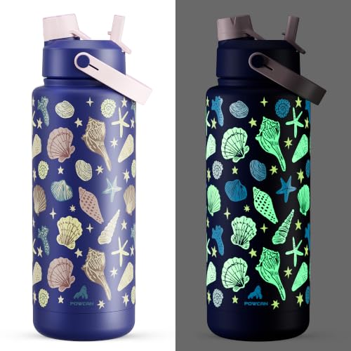 Image of POWCAN 40 oz Insulated Water Bottle with 2-in-1 Straw and Spout Lid, Glow-in-the-Dark, 24H Cold, Leakproof, BPA-Free, Double Wall Stainless Steel for Sports, Gym, Travel, and School (Seashell Coast)