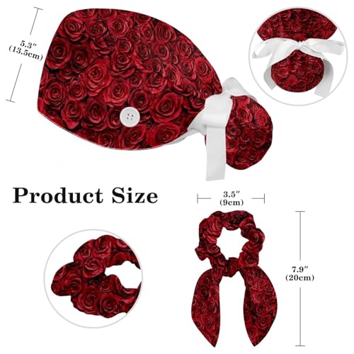 Image of Red Blooming Rose Flowers Black Working Cap with Scrunchy and Ribbon Tie for Women, Long Hair