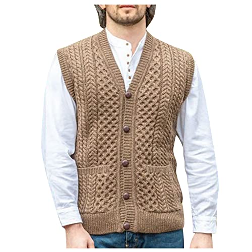 Men's Cotton Sweater Anti-Pilling V-Neck Knitted Sweater Vest Autumn Winter Cardigan Sweater Top Brown #TOP26