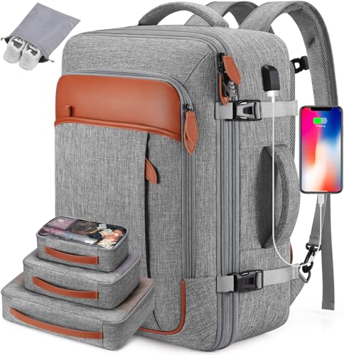Roadcheer Handgepäck Rucksack Flugzeug, 40L Reiserucksack Herren Travel Backpack für 17 Zoll Laptop, Wasserdichter Reiserucksack Erweiterbarer, Carry On Luggage für Geschäftsreise & Arbeit (Grau)