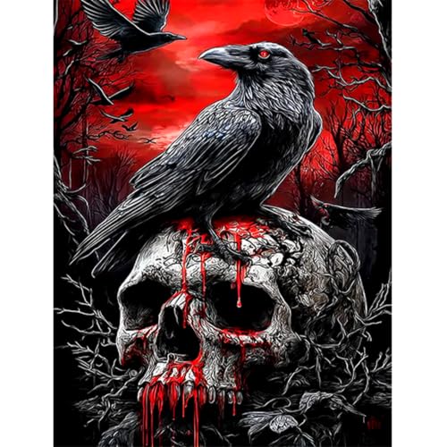 Peinture diamant adulte Halloween 5D : kit loisir créatif broderie strass corbeau crâne 30x40
