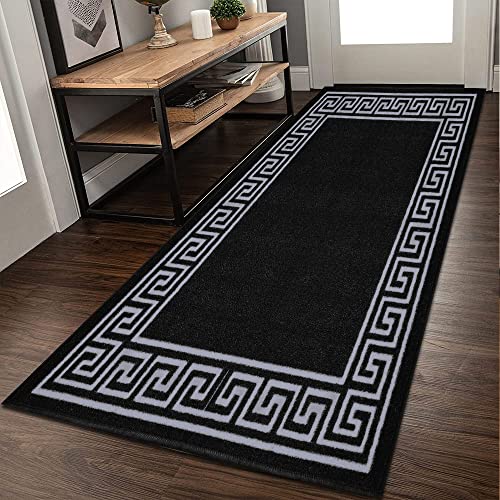 Image of Rugs Shop Door Mats Indoor Non Slip Mat Carpet Runners for Hallways Geometrical Border Low Profile Washable Runner Rug for Kitchen, Front Door Hall Hallways Living Room (80 x 300 cm, Black Grey)