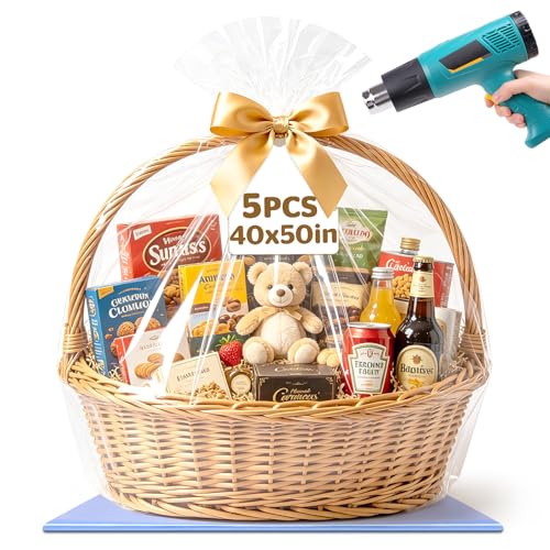 5 Pcs Extra Large Shrink Wrap Bags 40x50 Inches Shrink Cellophane Bags for Gift Baskets Durable Clear Shrink Gift Bags for Easter Birthday Holiday Wrapping - Complimentary 5 Pcs Golden Twist Ties