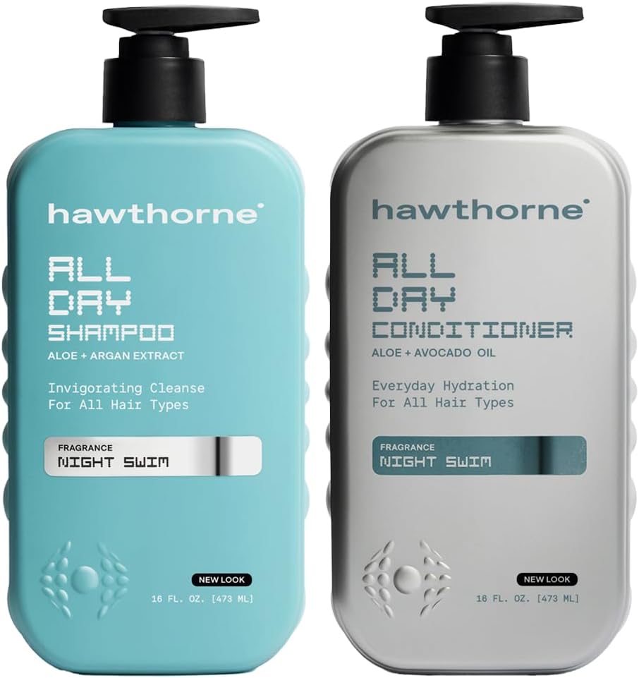 Hawthorne All Day Men's Shampoo and Conditioner Set. Sulfate Free Shampoo and Conditioner with Pure Avocado Oil and Aloe For Stronger, Healthier Hair. Night Swim Cologne Scent. 16 fl. oz. each.