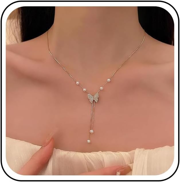 Bohemian Butterfly Lariat Y Necklace Crystal Butterfly Choker Necklace Silver Pearl Drop Necklace Chain Vintage Pearl Y Chain Necklace Pearl Tassel Choker Necklace Jewelry for Women
