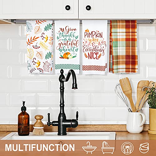 Whaline Fall Kitchen Towel Autumn Leaves Green Brown Plaids Dish Towel Retro Thanksgiving Fall Harvest Tea Towel Hand Drying Cloth Towel For Autumn Holiday Kitchen Cooking Baking, 4 Pack, 28 X 18 Inch #TOP3