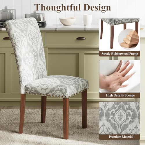 Image of Farmhouse Dining Chairs Set of 6, High Back with Wooden Legs and Nailhead Trim, Modern Fabric Dining Room Chair for Kitchen /Restaurant