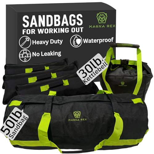 Sandbags for Working Out – Adjustable Sand Bags for Weight Training, Heavy Duty Equipment – 1 Outer Workout Sandbag, 3 Inner Sandbags, and 1 Soft Kettlebell (Black/Green, 50 lbs)