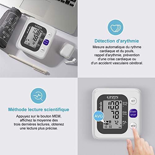 GPZON Tensiomètre Électronique Professionnel Pour Le Haut du Bras, Manchette ajustable 22cm-40cm, Mémoire 2x120, Blanc – Image 4