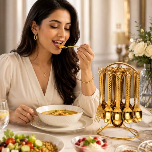 Image of Premium Stainless Steel, 25-Piece Cutlery Set for Kitchen & Table (6 Dessert Table Spoons, 6 Forks, 6 Tea Spoons, 6 Soup Spoons, 1 Storage Stand) (25, Golden)