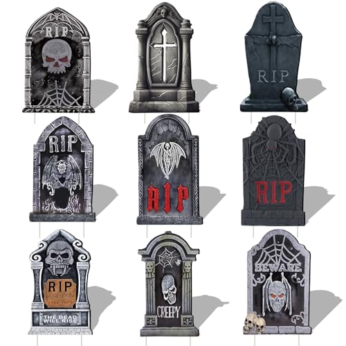 9 Pcs Halloween Gravestones Decorations Outdoor Tombstones Grave Props 17 Inch Halloween Vintage Cemetery Yard Signs With Stakes Realistic Garden Family Lawn Party Terror Haunted Tombstones Decoration