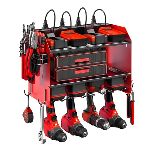 SecureElastic Modular Power Tool Organizer Wall Mount with Charging Station 3-Layer Heavy Duty Drill Holder Rack & 8-Outlet Power Strip for Garage Workshop Storage
