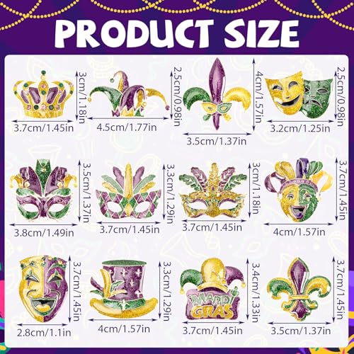 Image of 12PCS Crystal Mardi for Gras Brooches for Women | Fleur De Lis Mask Crown Design, Sparkling Mardi for Gras Jewelry Gift, Holiday Party Ladies Accessories