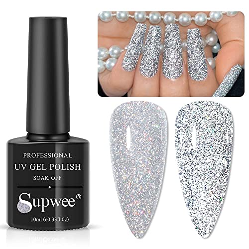Supwee 10Ml Reflective Glitter Gel Nail Polish Saprkling Coloful Diamond Nail Gel Shiny Gel Polish Soak Off Uv Gel (Silver) #TOP13