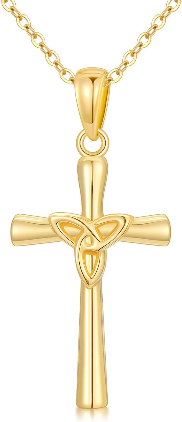 SISGEM 14k Gold Trinity Cross Necklace for Women, Yellow Gold Celtic Crucifix Cross Pendant Women Jewelry Gift,18"
