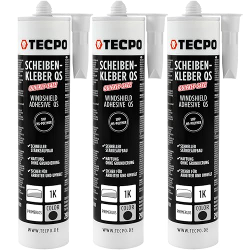 TECPO Scheibenkleber Quickly-Safe, MS-Polymer primerlos mit Kleb- und Dichtstoff-Technologie Scheibenklebstoff - Elastisch witterungsbeständiger Klebstoff zum Verkleben und Abdichten (3X 290 ml)