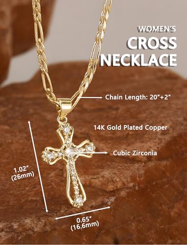 14K Gold Plated Cross Necklace for Women, Cubic Zirconia Copper Cross Pendant, Valentine Mother's Day Gifts for Her with Jewelry Box Figaro Link Chain, Alloy Infinity CZ Diamond Bridal Wedding4