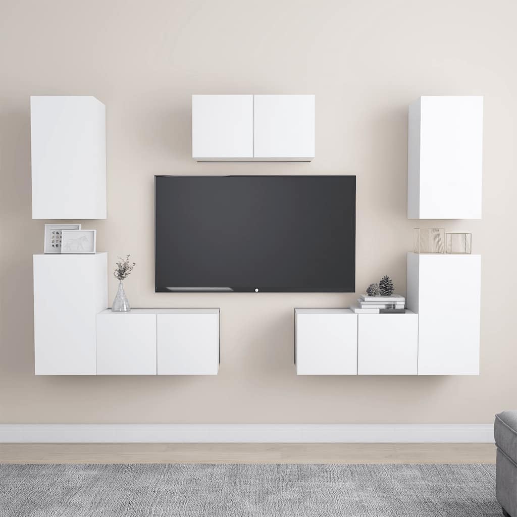 7-TLG. TV-Schrank-Set, Weiß Holzwerkstoff, Wandmontage, Modernes Media-Center für Wohnzimmer und Schlafzimmer, Viel Stauraum für DVDs und Bücher