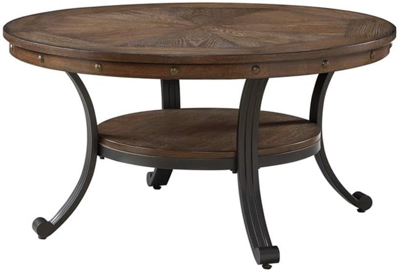 Pemberly Row Rustic Round Wood and Metal Coffee Table, Oak Veneer Top, Rustic Umber Brown Finish, Antique Brass Nailheads, 36 in x 36 in x 19 in, Sturdy Metal Base with Shelf for Living Room Use
