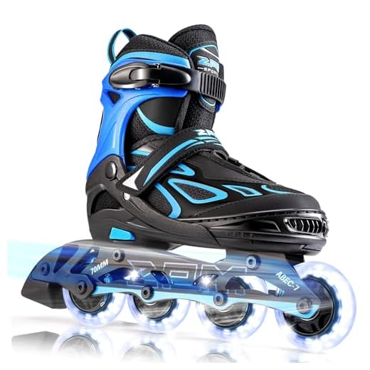 2PM SPORTS Vinal Boys Adjustable Flashing Inline Skates, All Wheels Light Up, Fun Illuminating Skates for Kids and Youths - Azure Medium(1Y-4Y US)