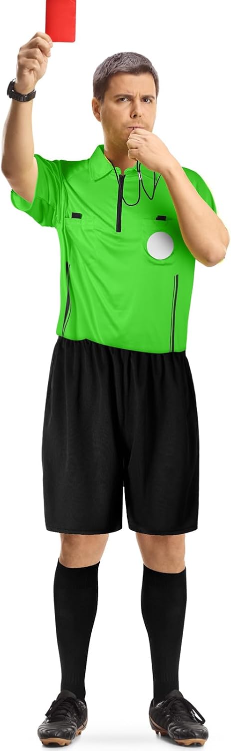 Cuffbow 3 Pcs Men's Soccer Referee Jersey Short Set Official Pro Soccer Referee Shirt Short Sleeve, Sports Pants and Socks