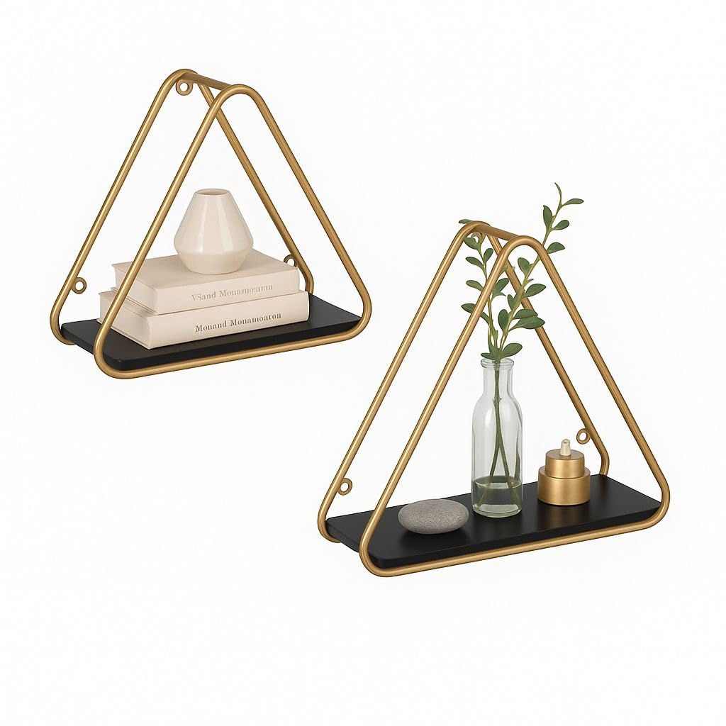 Triangular Wall Shelf Set of 2 | Gold Metal & White Wooden Floating Shelves | Geometric Corner Storage Rack for Living Room, Home Decor & Display (Gold & Black)-image-18