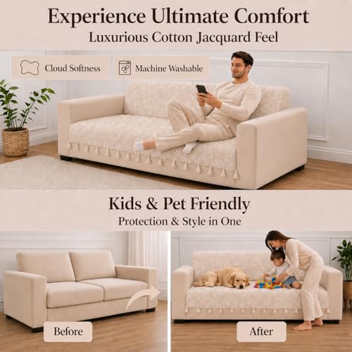 Image of STITCHNEST 'Verdant Phool Stories' 2 Seater Sofa Cover - Full Coverage| Elegant Jacquard Fabric, Decorative Tassels, Washable & Durable for Modern Living