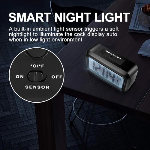 Image of Black Digital Alarm Clock with Automatic Sensor, Date & Temperature Display - Modern Table Clock for Students, Home, Office, and Corporate Use (Desk Alarm Clock)