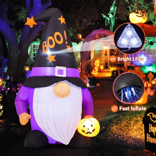 Image of GOOSH 5 FT Halloween Inflatables Gnomes Outdoor Decorations Blow Up Yard Cute Gnomes Helding Pumpkin with Built-in LEDs for Garden Lawn Indoor Party Decor