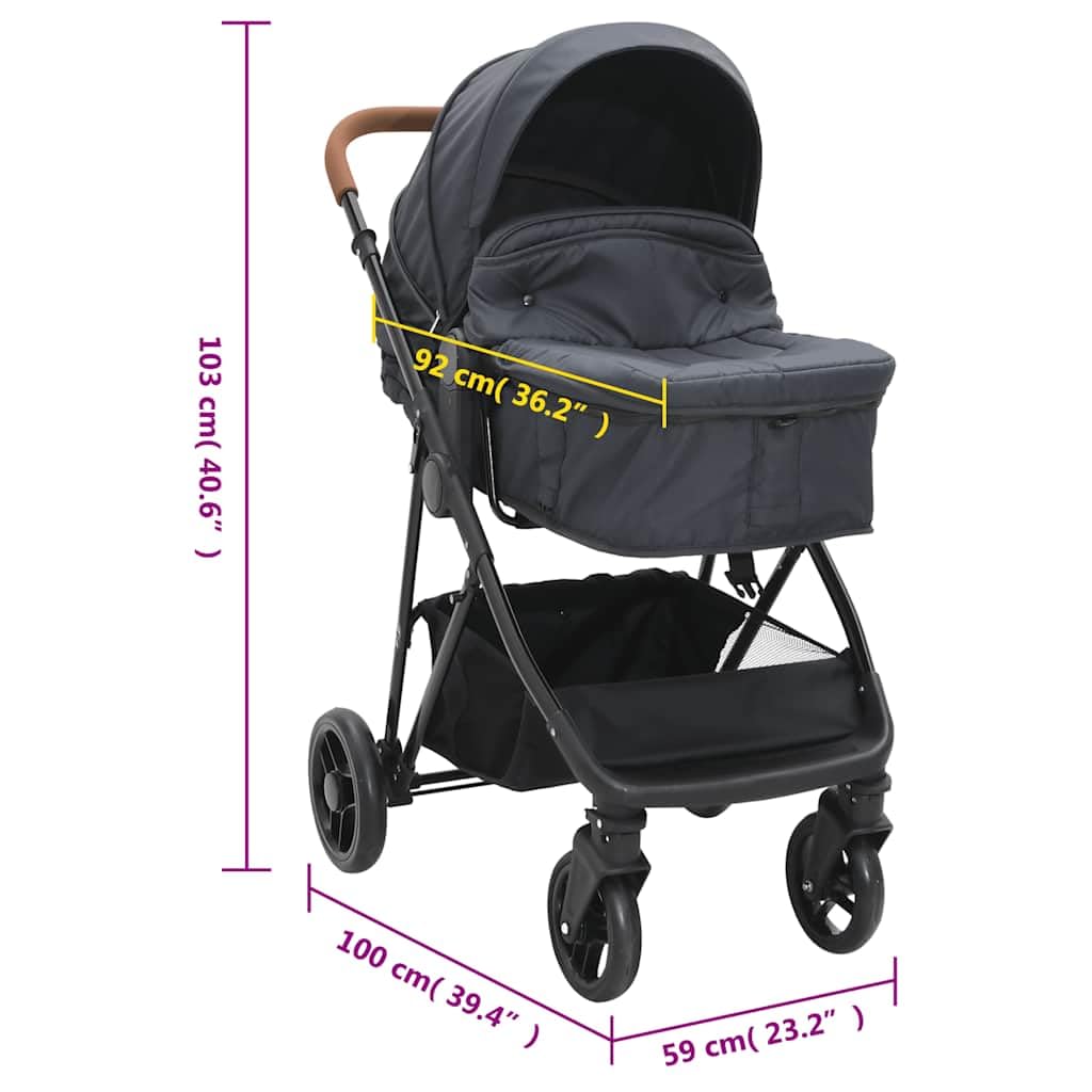 2-in-1 Kinderwagen Buggy Anthrazit Schwarz Stahl Kombi mit Liegefunktion und verstellbarem Sitz klappbar für Stadt, Reise, Urlaub mit Sonnendach und Stauraum