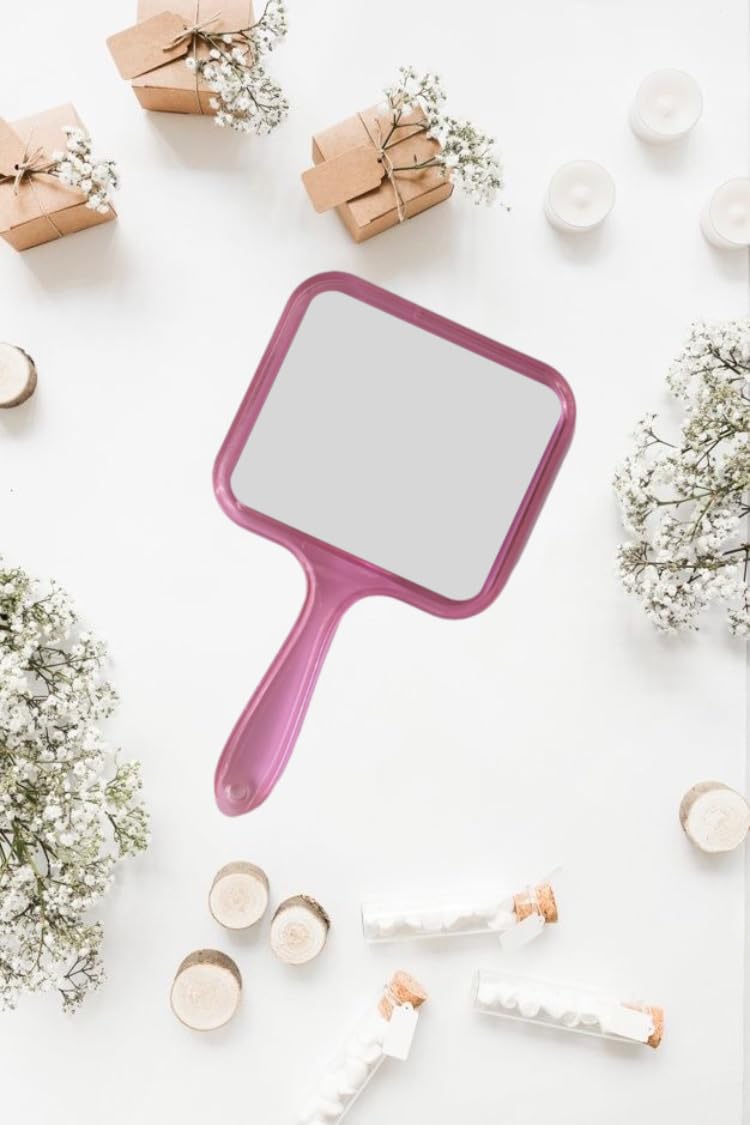 Pink Rectangular Acrylic Handheld Beauty Makeup Mirror Both Sides one Side 2X Magnifier for Bathroom, Dressing Table/Shaving/Parlours/Salon and for Travel kit 20cmx12cm-image-5