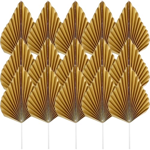 PRETYZOOM Abanicos Plegables Dorados en Forma de Hoja 24 Piezas, Decoración para Cupcakes y Tartas, Adornos para Fiestas y Cumpleaños, Insertos para Pasteles DIY, Topper para Tartas