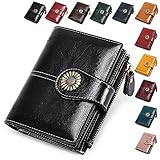  Geldbeutel Damen elegant Geldbörse Damen aus echtem Used-Look Leder Portemonnaie Damen mit RFID Schutz in schönen Farben und viele Fächer mit Druckknopf und Reißverschluss (Schwarz)