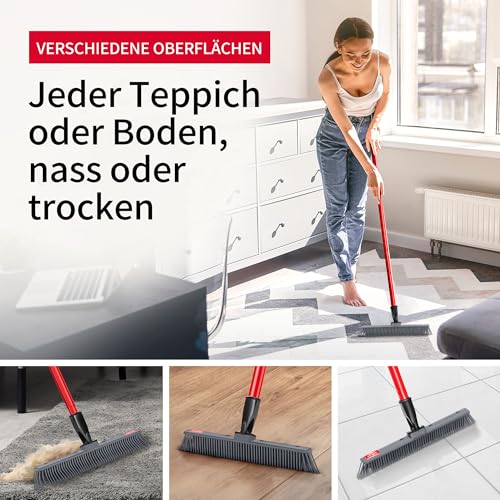 Tyroler Japanischer Silikon Besen & | Kehrbesen-Kopf aus 100% Silikon 30 cm | Besen mit Stiel und 140 cm Anti-Rost-Griff | Silikonbesen mit Stiel | Gummibesen Tierhaare | Besen Innen