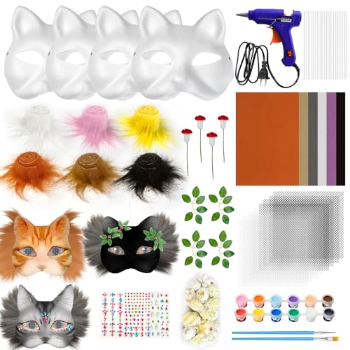 YumSur DIY Therian Cat Mask Making Kit, 51 Pcs Cat Fox Masks for Crafts with Blank Masks Faux Fur...