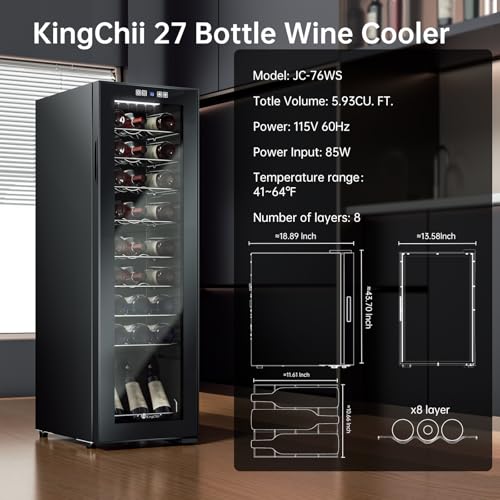 Image of KingChii 27 Bottle Wine Cooler Refrigerator Freestanding Wine Fridge - Intelligent Digital Control, Low Noise Professional Compressor, Tempered Glass for Home, Office, or Kitchen