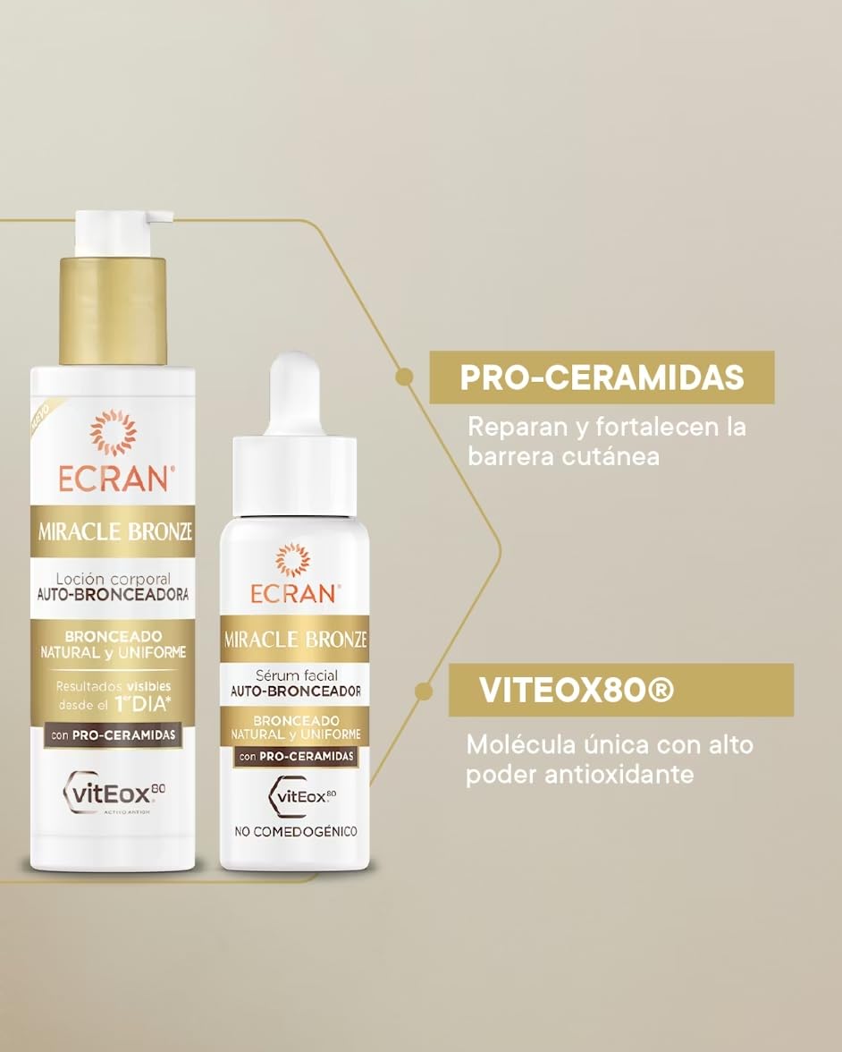 ECRAN Miracle Bronze Autobronceador Facial - Loción Bronceadora con Pro-Ceramidas - Bronceado Natural, Uniforme y Progresivo sin Sol - Textura Ligera, No Reseca ni Engrasa - 4 Días de Duración - 50 ml