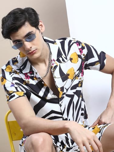 Image of SHOWOFFFF Men Printed Two-Piece Co Ords | Cuban Collar Half Sleeves Cotton Co Ords for Mens | Mid-Rise Relaxed Fit Above Knee Co Ords for Men's