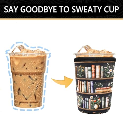 Image of YR Reusable Neoprene Insulator Sleeve for Iced Coffee Cups, 3 Pack Coffee Coolies sleeves for Iced & Hot Drinks, Cold Beverage Cooler Compatible with Starbucks Coffee and More (Bookshelf & Flower)