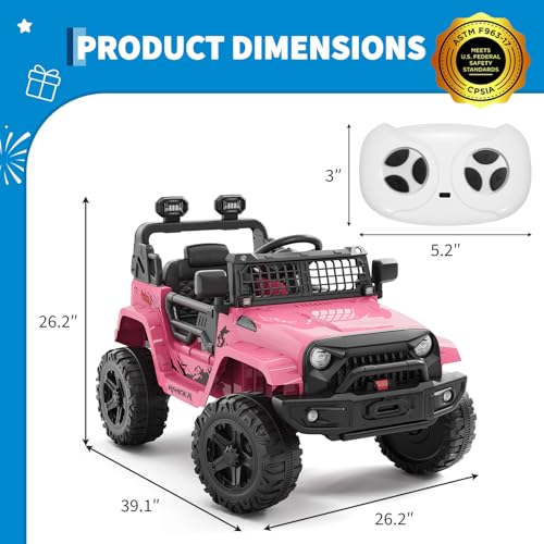 Hetoy Ride on Toys for Kids, Kids' Electric Vehicles, Electric Car for Kids, 12V Ride on Car with Remote Control, Spring Suspension, LED Lights, Bluetooth, 3 Speeds, Toddler Truck Vehicles(Pink) by Hetoy - Image 7