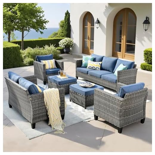 ovios Patio Furniture Set 6 PCS Outdoor Sectional Sofa Set with Loveseat Chairs Ottomans High Back Sofa All Weather Wicker Rattan Conversation Sets for Yard Porch (Denim Blue)
