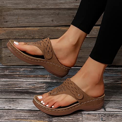 Fudule Womens Sandals Flip Flops For Women With Arch Support Comfort Slip On Casual Bohemia Beach Rhinestone Sandal Ladies Travel Walking Flats Shoes C-X-0414-A120 Brown #TOP1