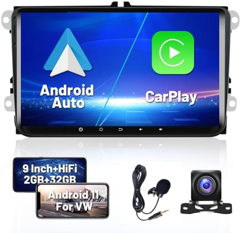 Hikity Android 11 Car Stereo for VW Polo Caddy Golf 9" Auto Radio Player 2GB+32GB GPS Navigation Built-in CarAutoPlay Support BT Full RCA Output WiFi DVR DAB+ OBD2 Canbus for VW Skoda Seat+Cam+Mic