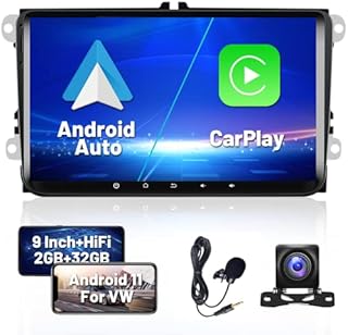 Hikity Android 11 Car Stereo for VW Polo Caddy Golf 9" Auto Radio Player 2GB+32GB GPS Navigation Built-in CarAutoPlay Support BT Full RCA Output WiFi DVR DAB+ OBD2 Canbus for VW Skoda Seat+Cam+Mic