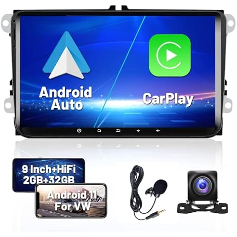 Hikity Android 11 Car Stereo for VW Polo Caddy Golf 9" Auto Radio Player 2GB+32GB ​GPS Navigation Built-in CarAutoPlay Support BT Full RCA Output WiFi DVR DAB+ OBD2 Canbus for VW Skoda Seat+Cam+Mic Cover