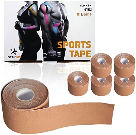 STARZON Kinesiology Tape (6 Rolls), Original Cotton Elastic Premium Athletic Tape Latex Free 2" x 5.4yd, Beige Pack of 6