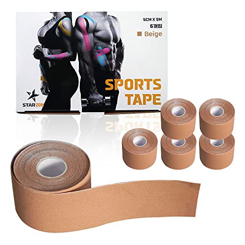 Starzon Kinesiology Tape (6 Rolls), Original Cotton Elastic Premium Athletic Tape Latex Free 2" X 5.4Yd, Beige Pack Of 6 #TOP3
