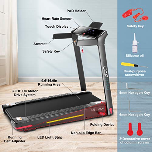 Folding Treadmill for Home, Cardio Running Machine with Incline 4%,12 Program, 3.0HP Power 8.7 MPH Max Speed, LED Touch Screen, 7 Color LED Lights, Bluetooth Speakers, APP Control, Heart Sensor