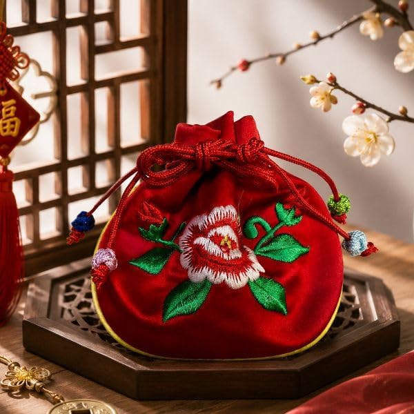 Red Lucky Gift Bag, Peony Embroidery Jewelry & Coin Pouch | Traditional Korean lucky pouch with detailed peony embroidery